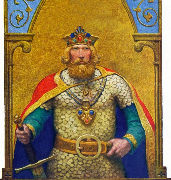 Król — koronowany władca w kolczudze, z mieczem
