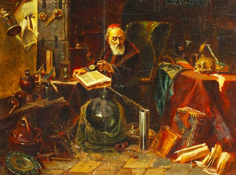 Mag — alchemik w pracowni nad otwartą księgą